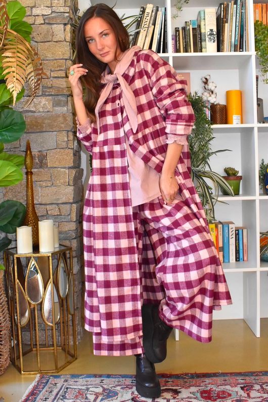 Nora Brushed Cotton Gingham Frock Coat Aubergine